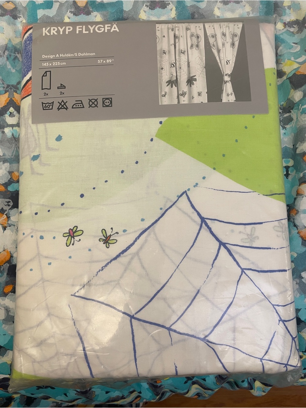 IKEA KRYP FLYGFÄ White, Green & Blue Printed spider web flowers Curtain Panel